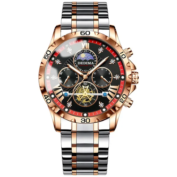 Rose Gold & Silver Skeleton Chronograph Watch